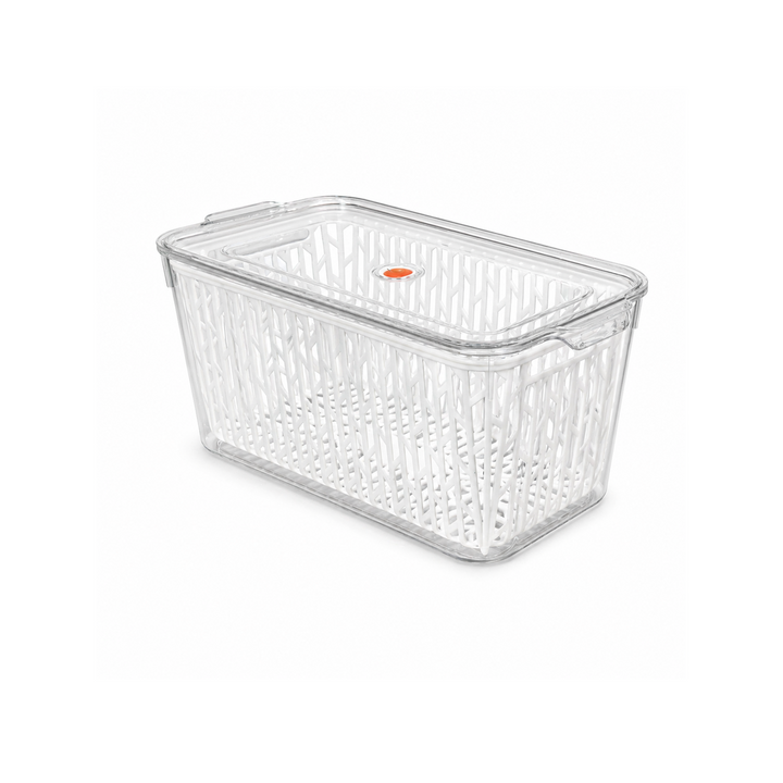 Beram Drain & Store Refrigerator Container Clear Box with Inner Basket Transparent PET Organizer Box with Handles Multipurpose Pantry Fridge Freezer Storage Container BPA-Free Rectangular Basket