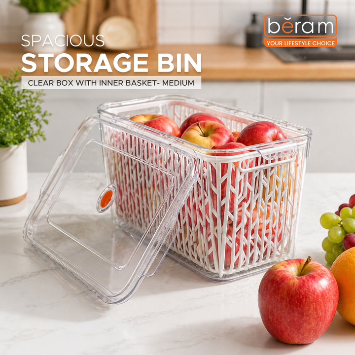Beram Drain & Store Refrigerator Container Clear Box with Inner Basket Transparent PET Organizer Box with Handles Multipurpose Pantry Fridge Freezer Storage Container BPA-Free Rectangular Basket