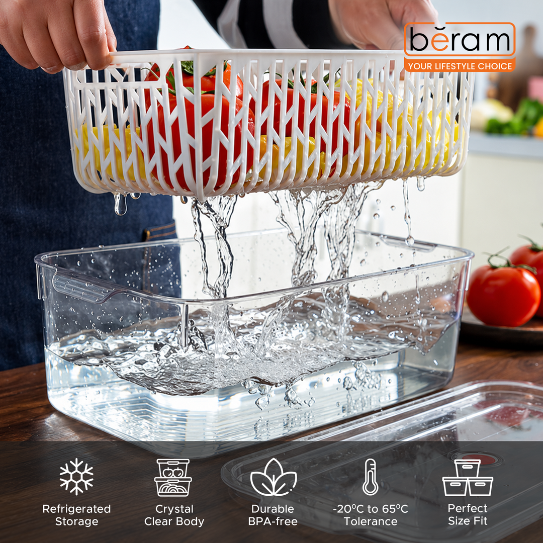 Beram Drain & Store Refrigerator Container Clear Box with Inner Basket Transparent PET Organizer Box with Handles Multipurpose Pantry Fridge Freezer Storage Container BPA-Free Rectangular Basket