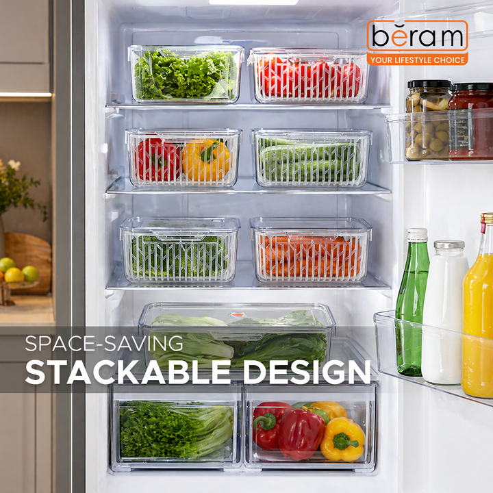 Beram Drain & Store Refrigerator Container Clear Box with Inner Basket Transparent PET Organizer Box with Handles Multipurpose Pantry Fridge Freezer Storage Container BPA-Free Rectangular Basket
