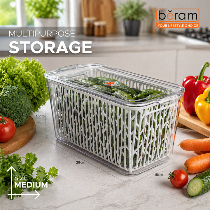 Beram Drain & Store Refrigerator Container Clear Box with Inner Basket Transparent PET Organizer Box with Handles Multipurpose Pantry Fridge Freezer Storage Container BPA-Free Rectangular Basket