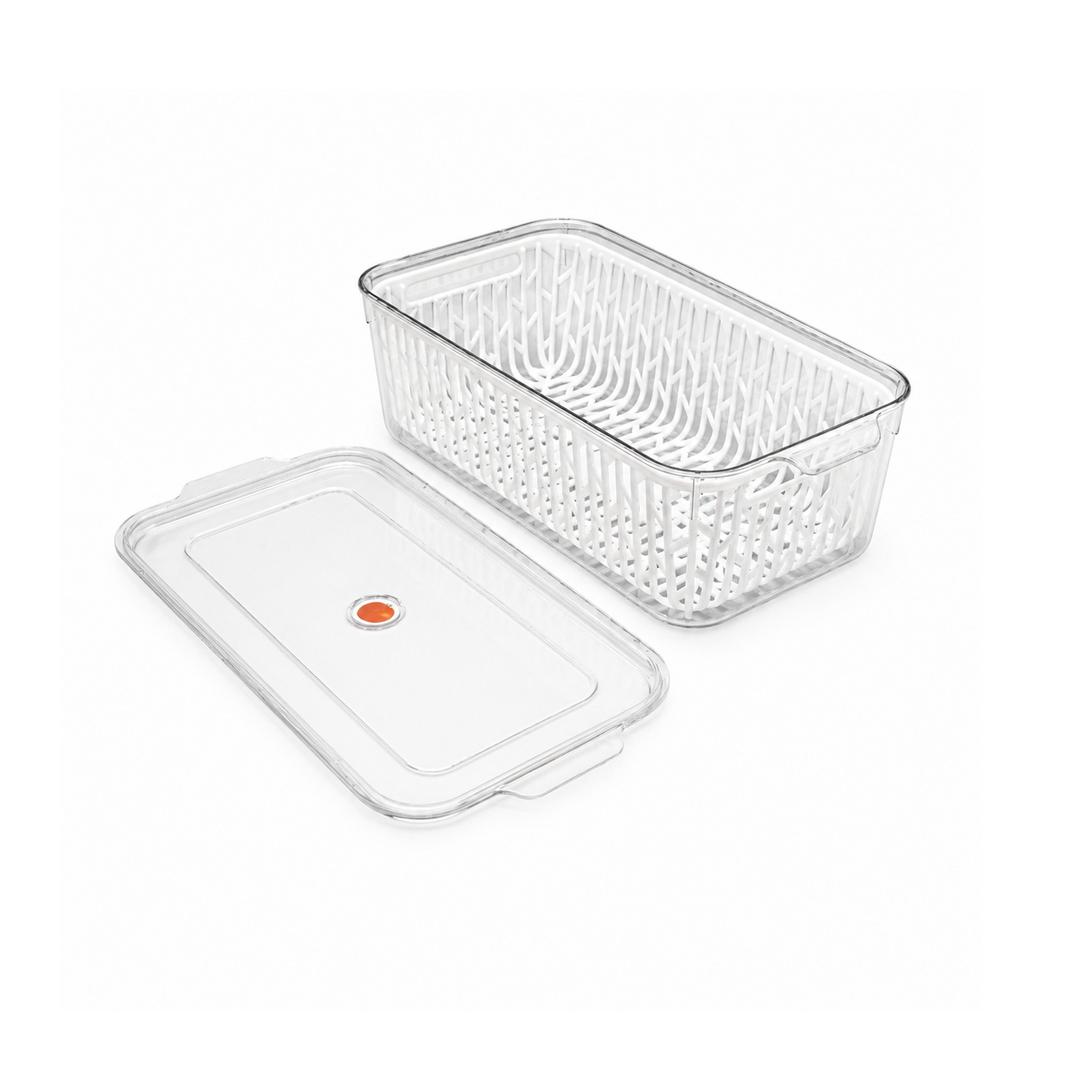 Beram Drain & Store Refrigerator Container Clear Box with Inner Basket Transparent PET Organizer Box with Handles Multipurpose Pantry Fridge Freezer Storage Container BPA-Free Rectangular Basket
