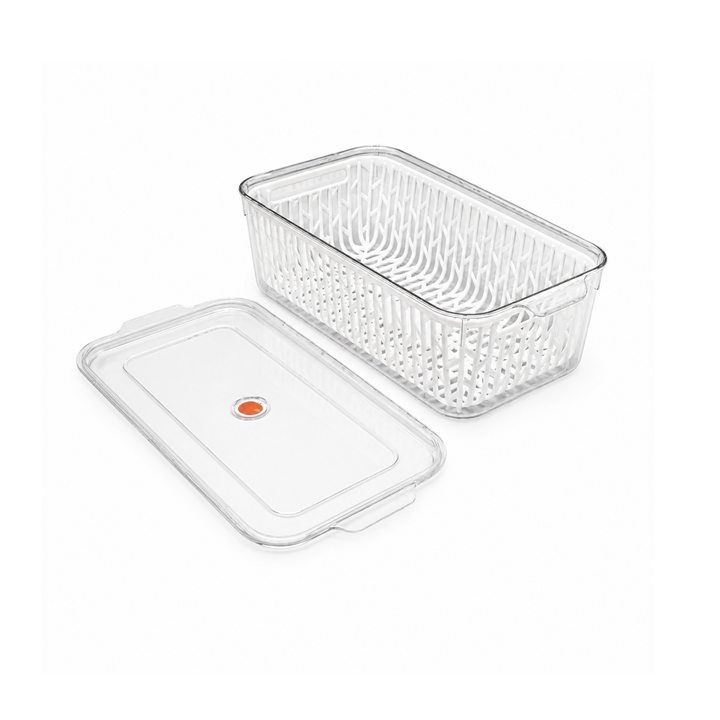 Beram Drain & Store Refrigerator Container Clear Box with Inner Basket Transparent PET Organizer Box with Handles Multipurpose Pantry Fridge Freezer Storage Container BPA-Free Rectangular Basket