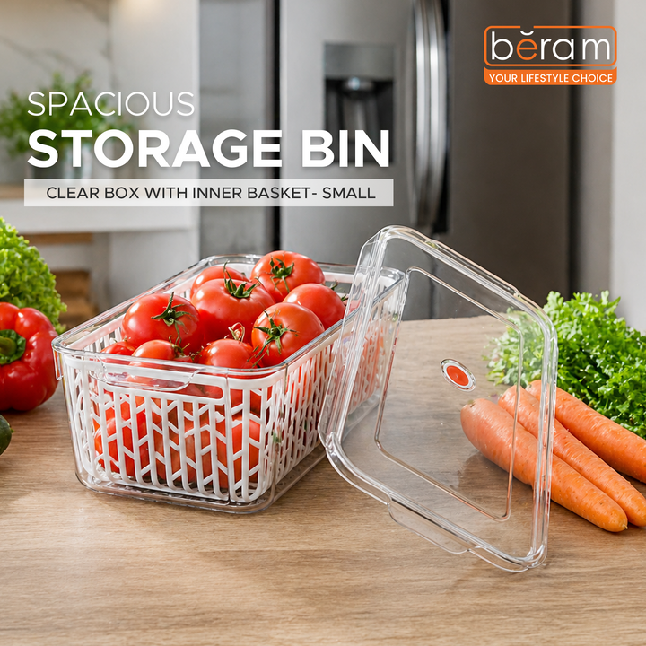 Beram Drain & Store Refrigerator Container Clear Box with Inner Basket Transparent PET Organizer Box with Handles Multipurpose Pantry Fridge Freezer Storage Container BPA-Free Rectangular Basket
