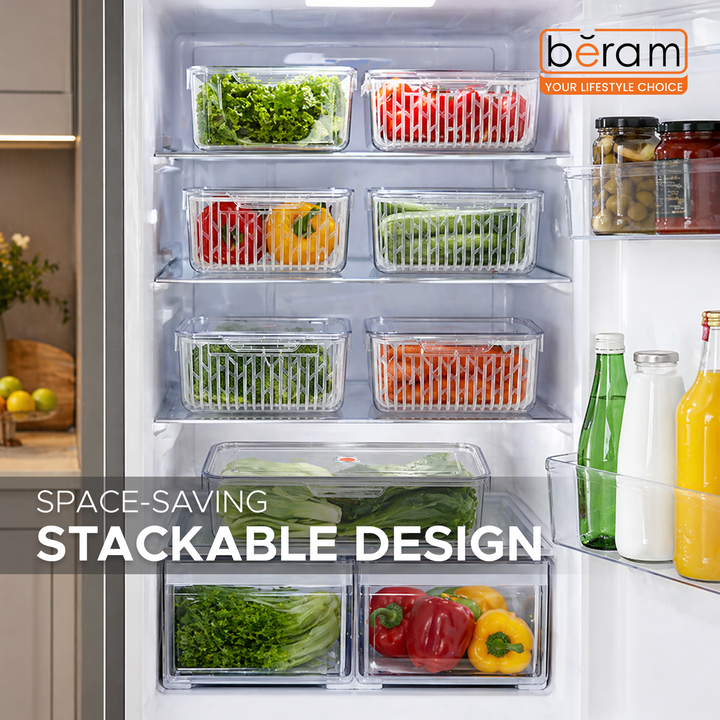 Beram Drain & Store Refrigerator Container Clear Box with Inner Basket Transparent PET Organizer Box with Handles Multipurpose Pantry Fridge Freezer Storage Container BPA-Free Rectangular Basket