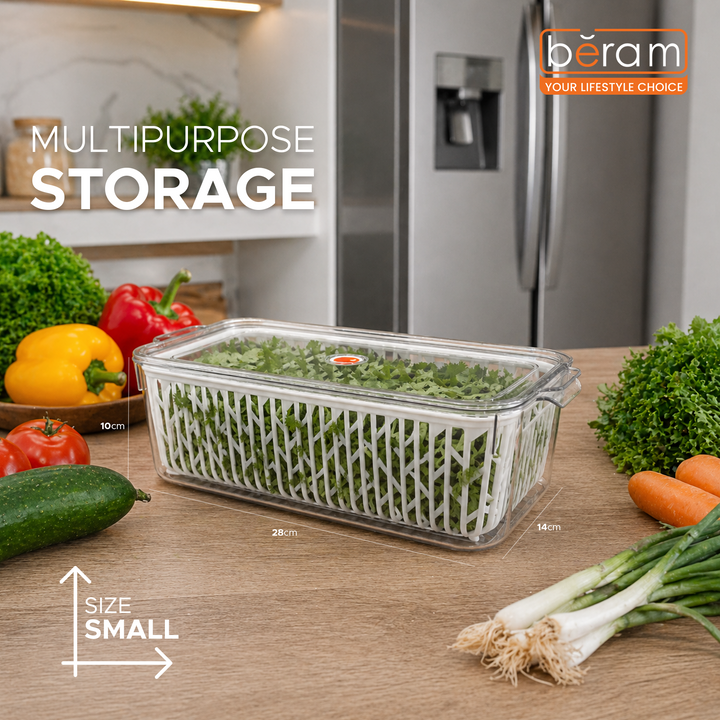 Beram Drain & Store Refrigerator Container Clear Box with Inner Basket Transparent PET Organizer Box with Handles Multipurpose Pantry Fridge Freezer Storage Container BPA-Free Rectangular Basket