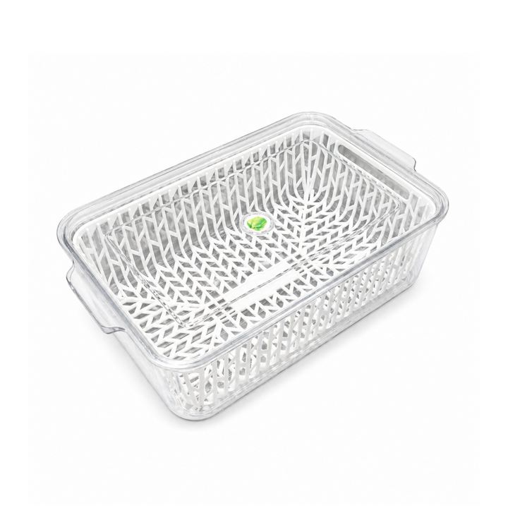 Beram Drain & Store Refrigerator Container Clear Box with Inner Basket Transparent PET Organizer Box with Handles Multipurpose Pantry Fridge Freezer Storage Container BPA-Free Rectangular Basket