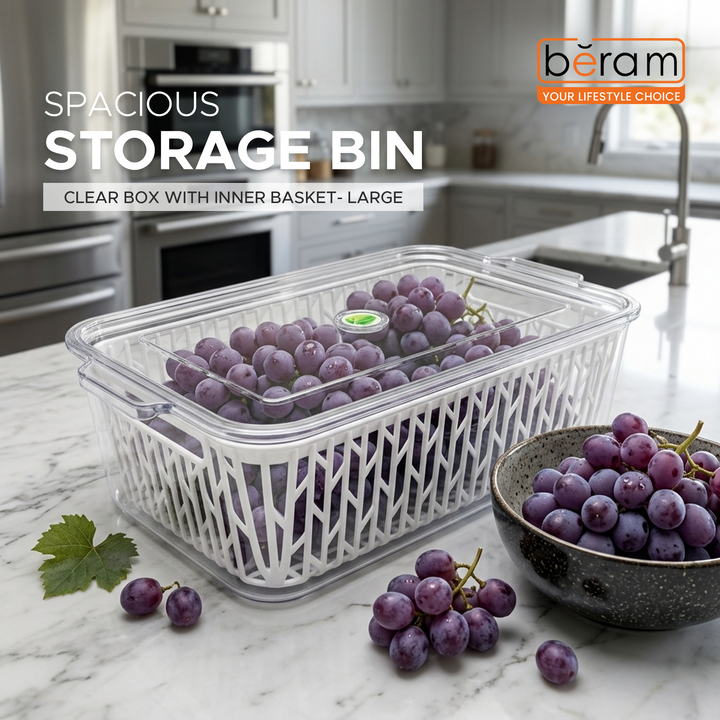 Beram Drain & Store Refrigerator Container Clear Box with Inner Basket Transparent PET Organizer Box with Handles Multipurpose Pantry Fridge Freezer Storage Container BPA-Free Rectangular Basket