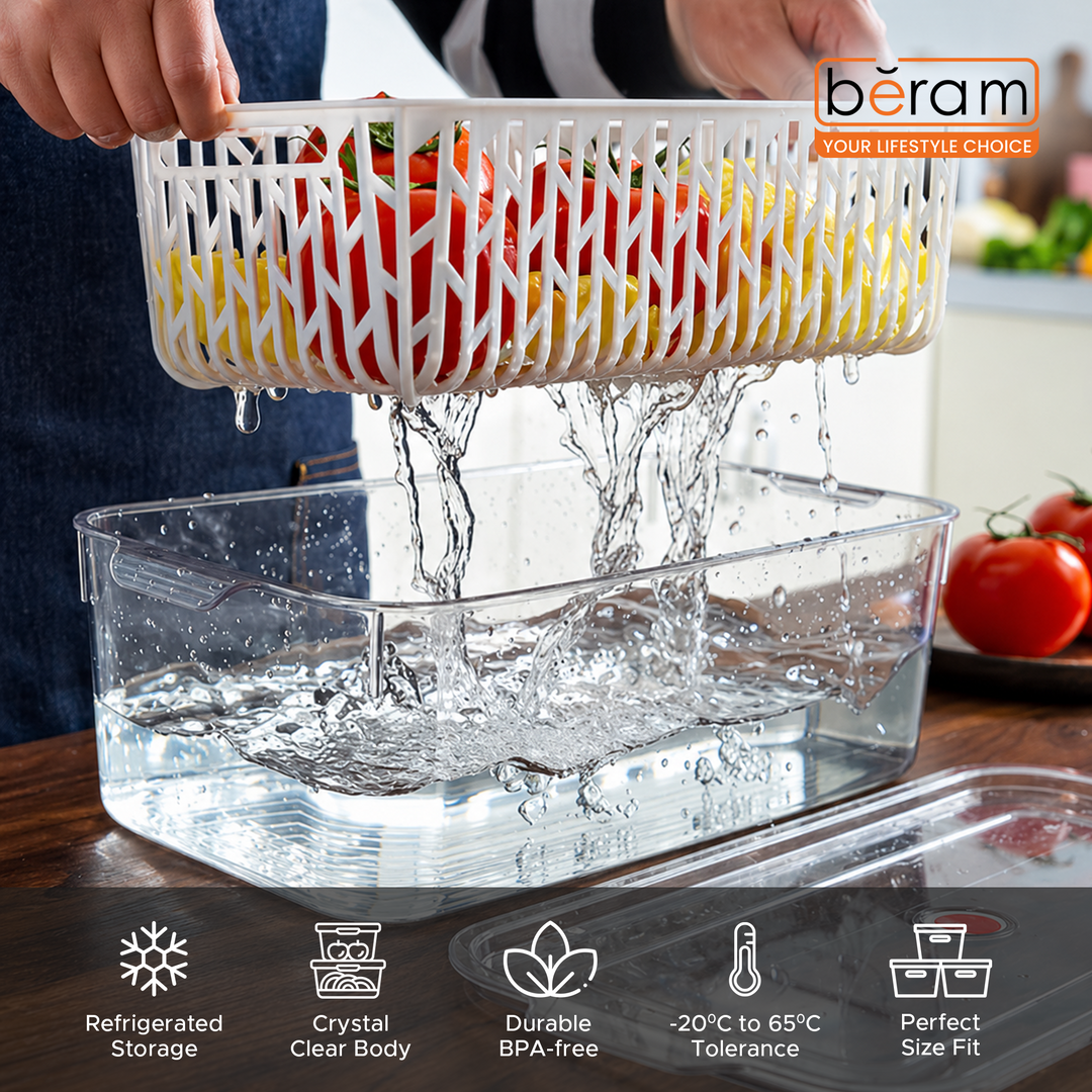 Beram Drain & Store Refrigerator Container Clear Box with Inner Basket Transparent PET Organizer Box with Handles Multipurpose Pantry Fridge Freezer Storage Container BPA-Free Rectangular Basket