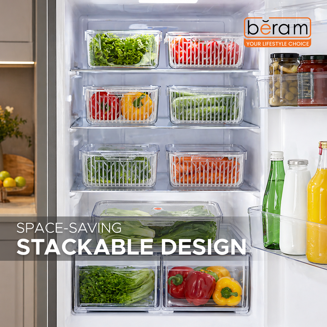 Beram Drain & Store Refrigerator Container Clear Box with Inner Basket Transparent PET Organizer Box with Handles Multipurpose Pantry Fridge Freezer Storage Container BPA-Free Rectangular Basket