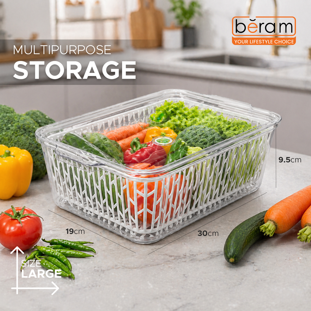 Beram Drain & Store Refrigerator Container Clear Box with Inner Basket Transparent PET Organizer Box with Handles Multipurpose Pantry Fridge Freezer Storage Container BPA-Free Rectangular Basket