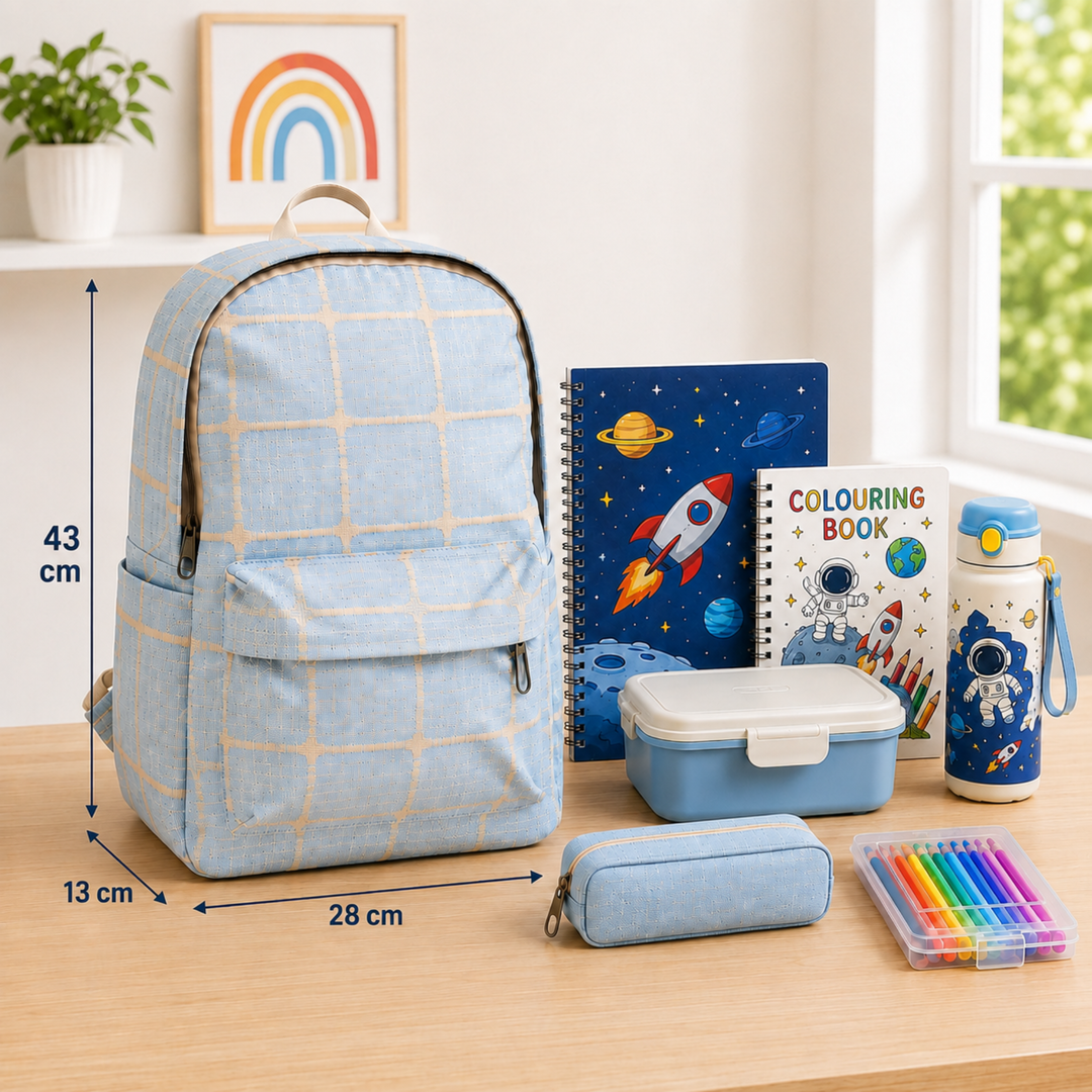 Cloud Check School Backpack, Blue Lightweight Water-Resistant Polyester Bookbag with Large Capacity, Multi-Pocket Backpack, Adjustable Padded Shoulder Straps, Everyday Backpack for School, Study, Travel, Office & Outdoor Activities