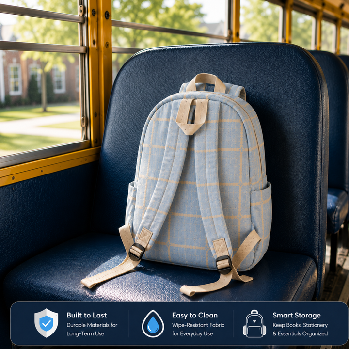 Cloud Check School Backpack, Blue Lightweight Water-Resistant Polyester Bookbag with Large Capacity, Multi-Pocket Backpack, Adjustable Padded Shoulder Straps, Everyday Backpack for School, Study, Travel, Office & Outdoor Activities