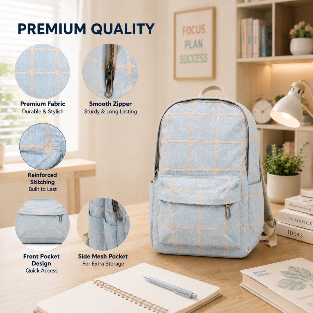 Cloud Check School Backpack, Blue Lightweight Water-Resistant Polyester Bookbag with Large Capacity, Multi-Pocket Backpack, Adjustable Padded Shoulder Straps, Everyday Backpack for School, Study, Travel, Office & Outdoor Activities