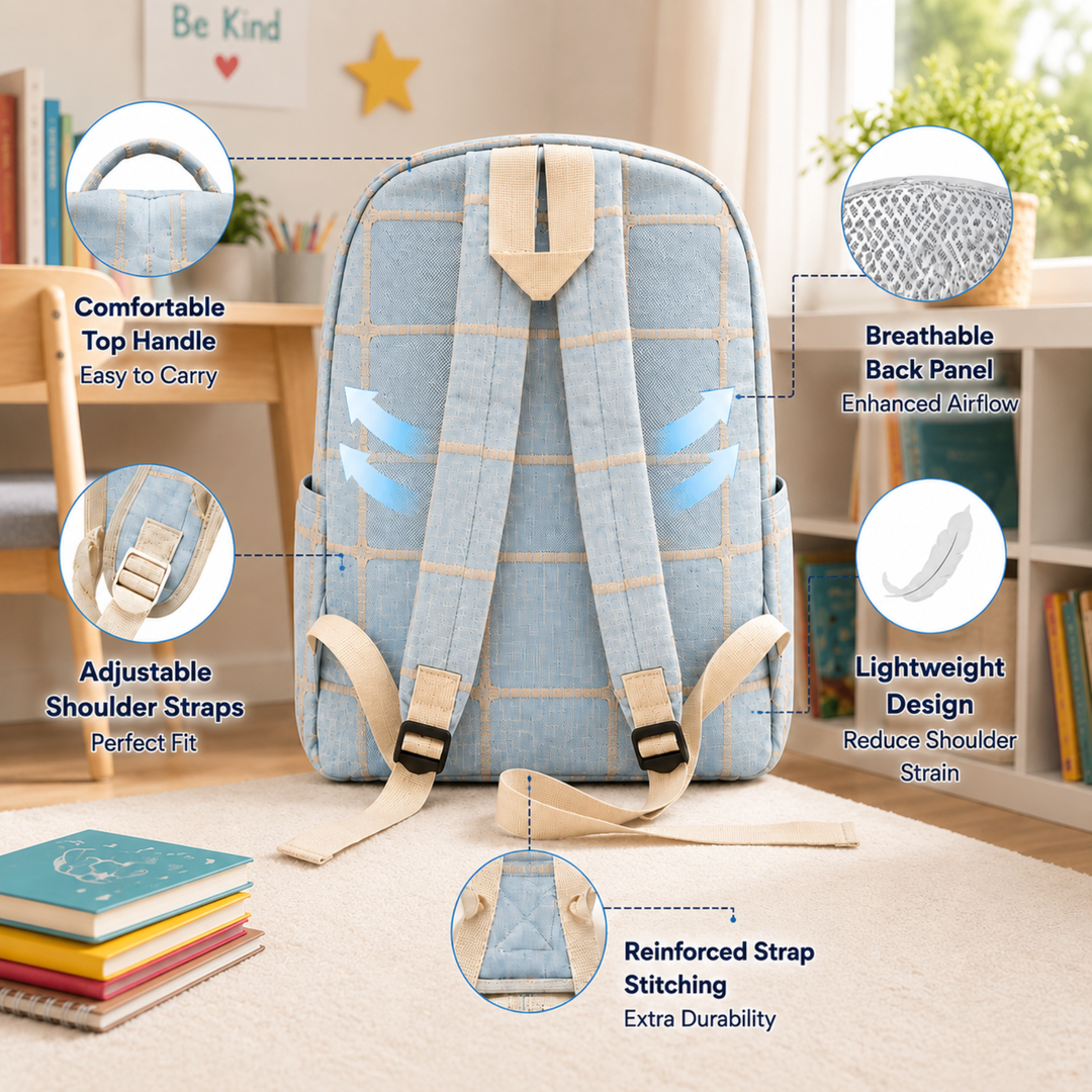 Cloud Check School Backpack, Blue Lightweight Water-Resistant Polyester Bookbag with Large Capacity, Multi-Pocket Backpack, Adjustable Padded Shoulder Straps, Everyday Backpack for School, Study, Travel, Office & Outdoor Activities
