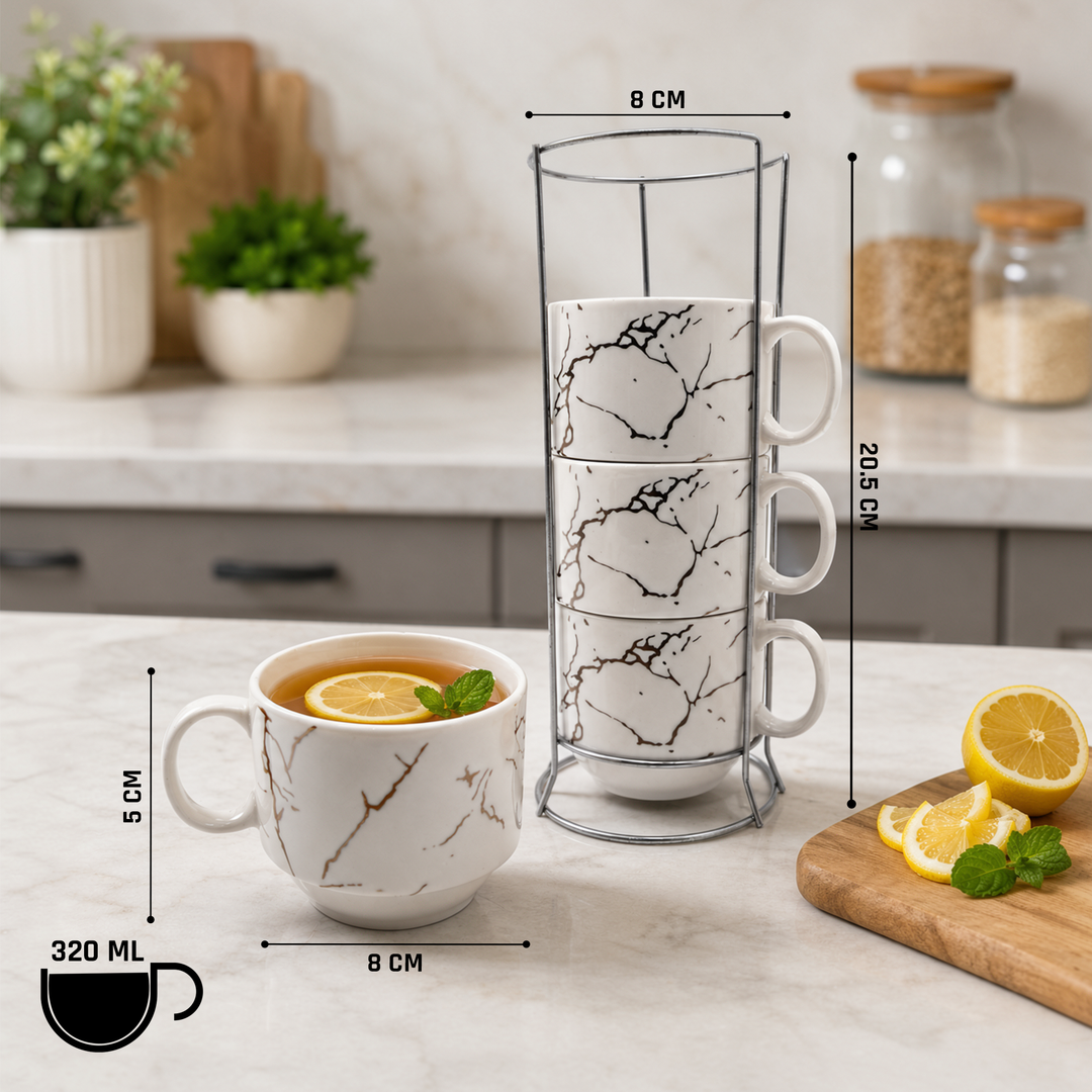 Ceramic Cup & Holder Set 4 Pieces Heat Resistant Coffee Tea Mug Set with Metal Stand Dishwasher Safe Modern Kitchen Cups for Home Office Café Use