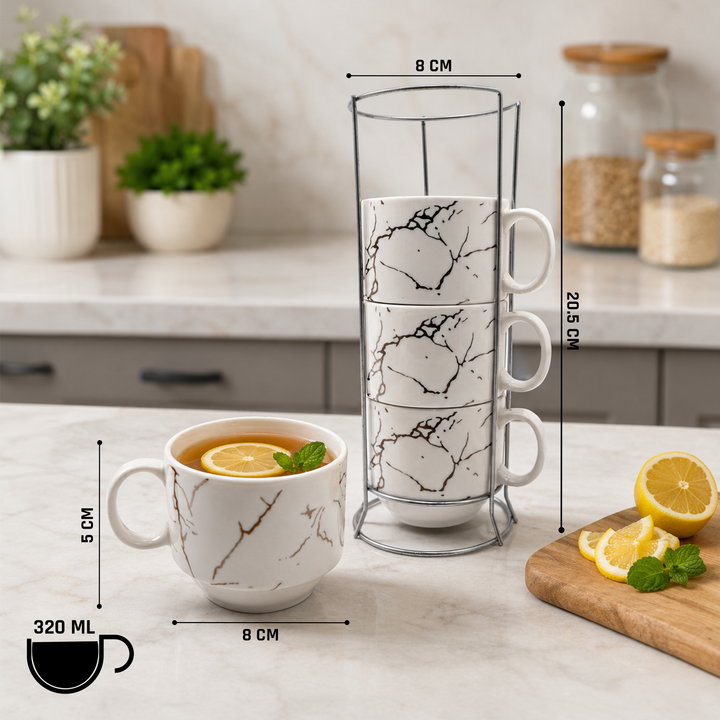 Ceramic Cup & Holder Set 4 Pieces Heat Resistant Coffee Tea Mug Set with Metal Stand Dishwasher Safe Modern Kitchen Cups for Home Office Café Use