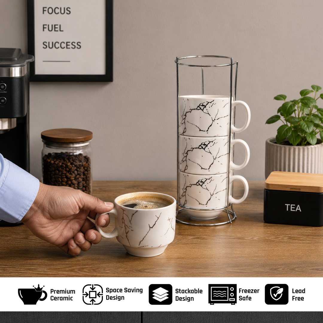Ceramic Cup & Holder Set 4 Pieces Heat Resistant Coffee Tea Mug Set with Metal Stand Dishwasher Safe Modern Kitchen Cups for Home Office Café Use