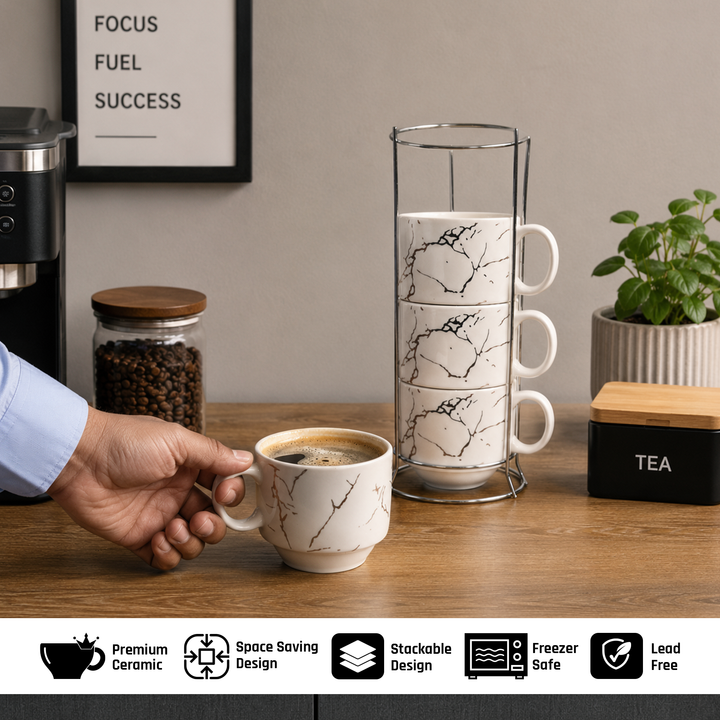 Ceramic Cup & Holder Set 4 Pieces Heat Resistant Coffee Tea Mug Set with Metal Stand Dishwasher Safe Modern Kitchen Cups for Home Office Café Use