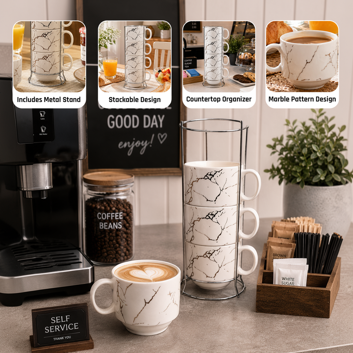 Ceramic Cup & Holder Set 4 Pieces Heat Resistant Coffee Tea Mug Set with Metal Stand Dishwasher Safe Modern Kitchen Cups for Home Office Café Use