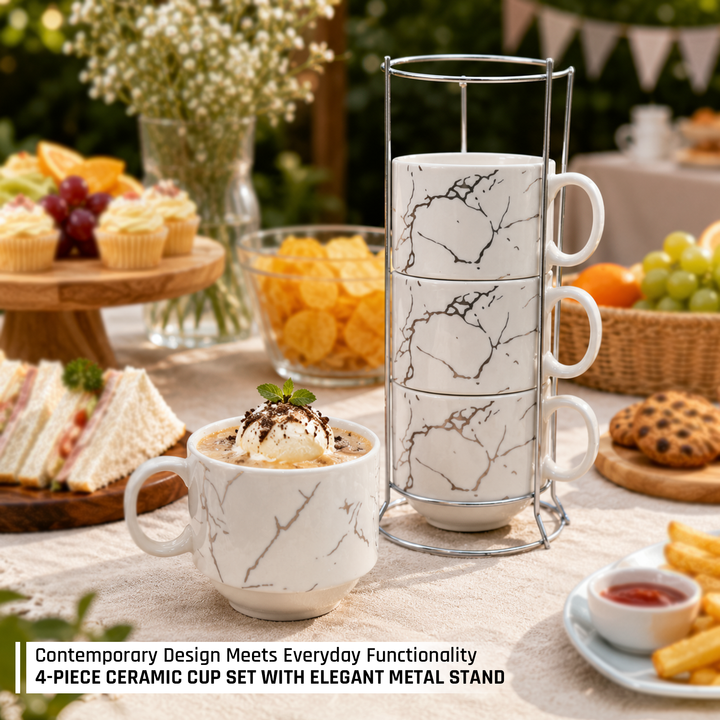 Ceramic Cup & Holder Set 4 Pieces Heat Resistant Coffee Tea Mug Set with Metal Stand Dishwasher Safe Modern Kitchen Cups for Home Office Café Use
