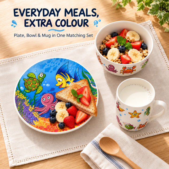3 Piece Ceramic Dinnerware Set with Plate, Bowl & Mug, Colourful Ocean Sea Life Design, Fish, Turtle, Crab & Starfish Pattern, Breakfast Dining Set for Everyday Meals, Snacks, Cereal & Drinks