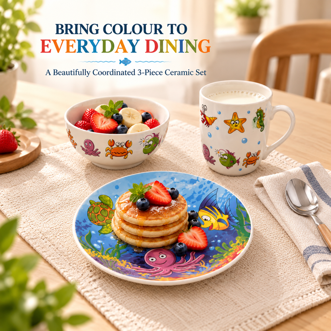 3 Piece Ceramic Dinnerware Set with Plate, Bowl & Mug, Colourful Ocean Sea Life Design, Fish, Turtle, Crab & Starfish Pattern, Breakfast Dining Set for Everyday Meals, Snacks, Cereal & Drinks