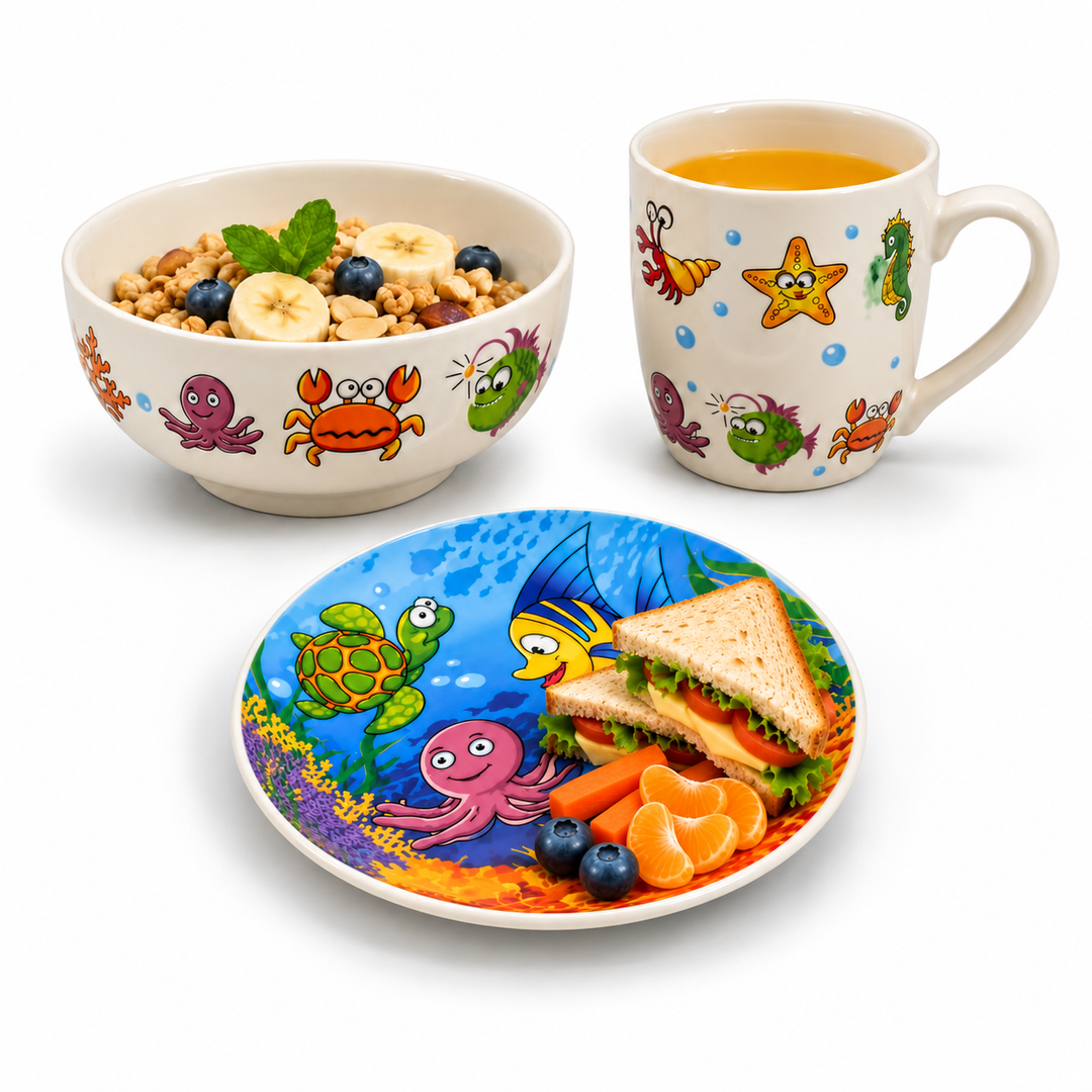 3 Piece Ceramic Dinnerware Set with Plate, Bowl & Mug, Colourful Ocean Sea Life Design, Fish, Turtle, Crab & Starfish Pattern, Breakfast Dining Set for Everyday Meals, Snacks, Cereal & Drinks