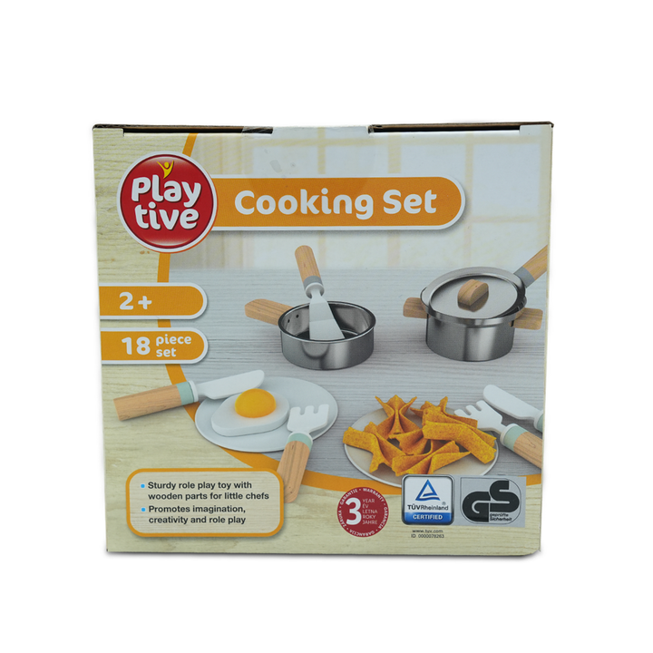 Playtive Cooking Set – 18-Piece Wooden Role Play Kitchen Set for Kids 2+, Includes Pots, Pans, Utensils & Play Food, Encourages Creativity and Imagination, Durable Real Wood, TÜV Certified, 3-Year Warranty