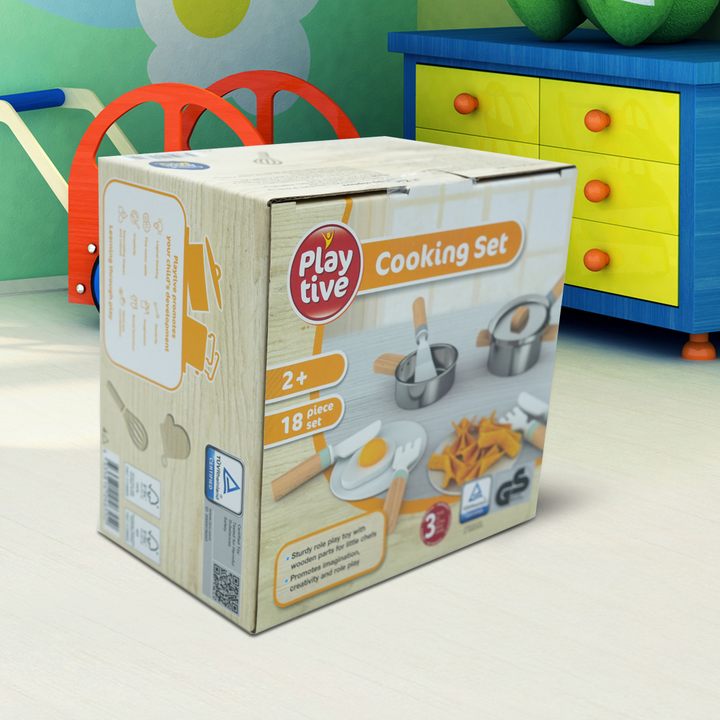 Playtive Cooking Set – 18-Piece Wooden Role Play Kitchen Set for Kids 2+, Includes Pots, Pans, Utensils & Play Food, Encourages Creativity and Imagination, Durable Real Wood, TÜV Certified, 3-Year Warranty