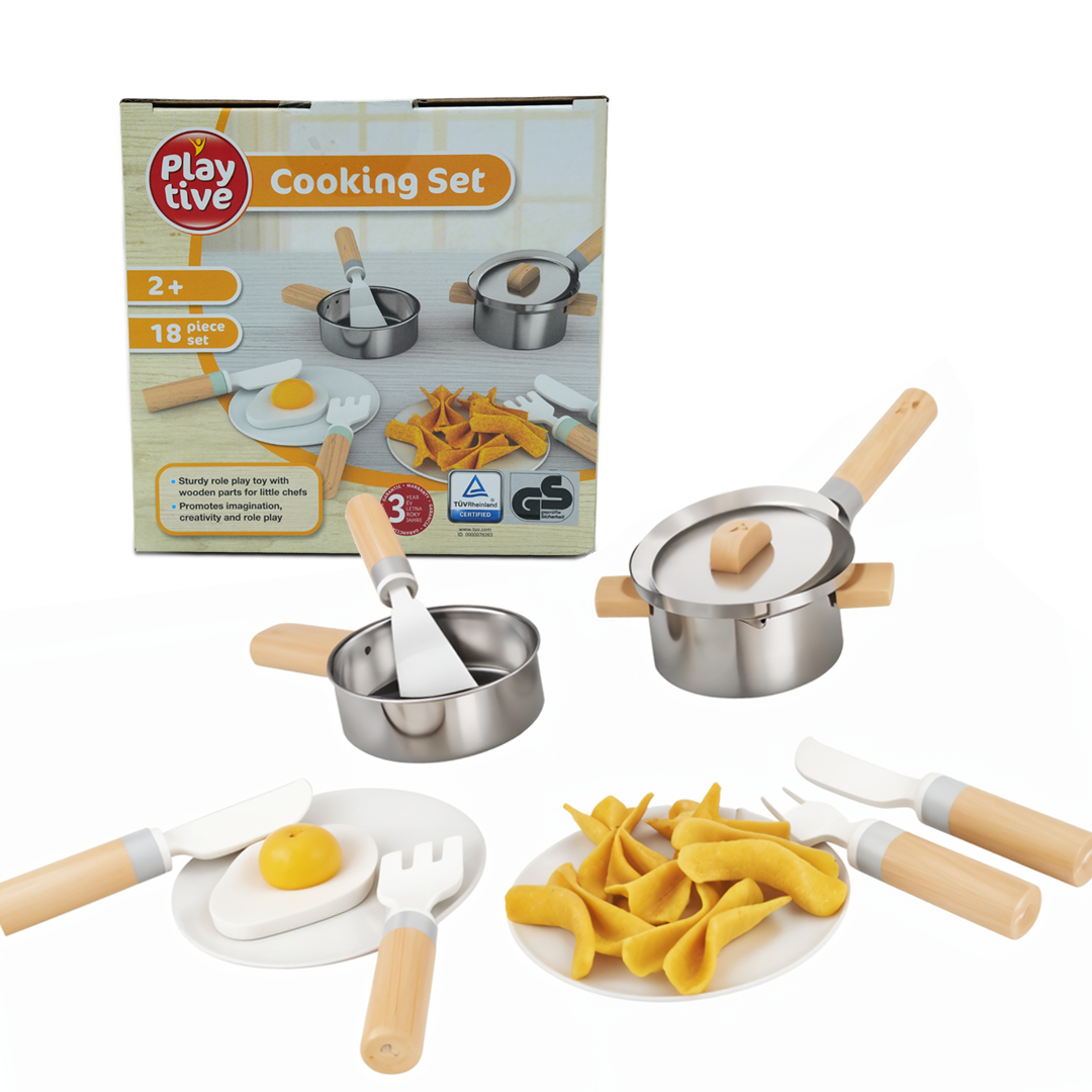 Playtive Cooking Set – 18-Piece Wooden Role Play Kitchen Set for Kids 2+, Includes Pots, Pans, Utensils & Play Food, Encourages Creativity and Imagination, Durable Real Wood, TÜV Certified, 3-Year Warranty