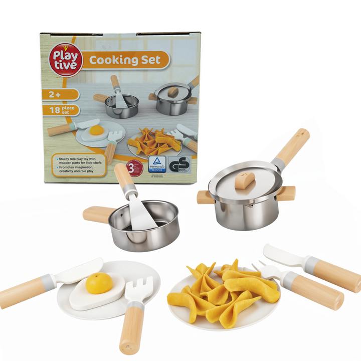 Playtive Cooking Set – 18-Piece Wooden Role Play Kitchen Set for Kids 2+, Includes Pots, Pans, Utensils & Play Food, Encourages Creativity and Imagination, Durable Real Wood, TÜV Certified, 3-Year Warranty