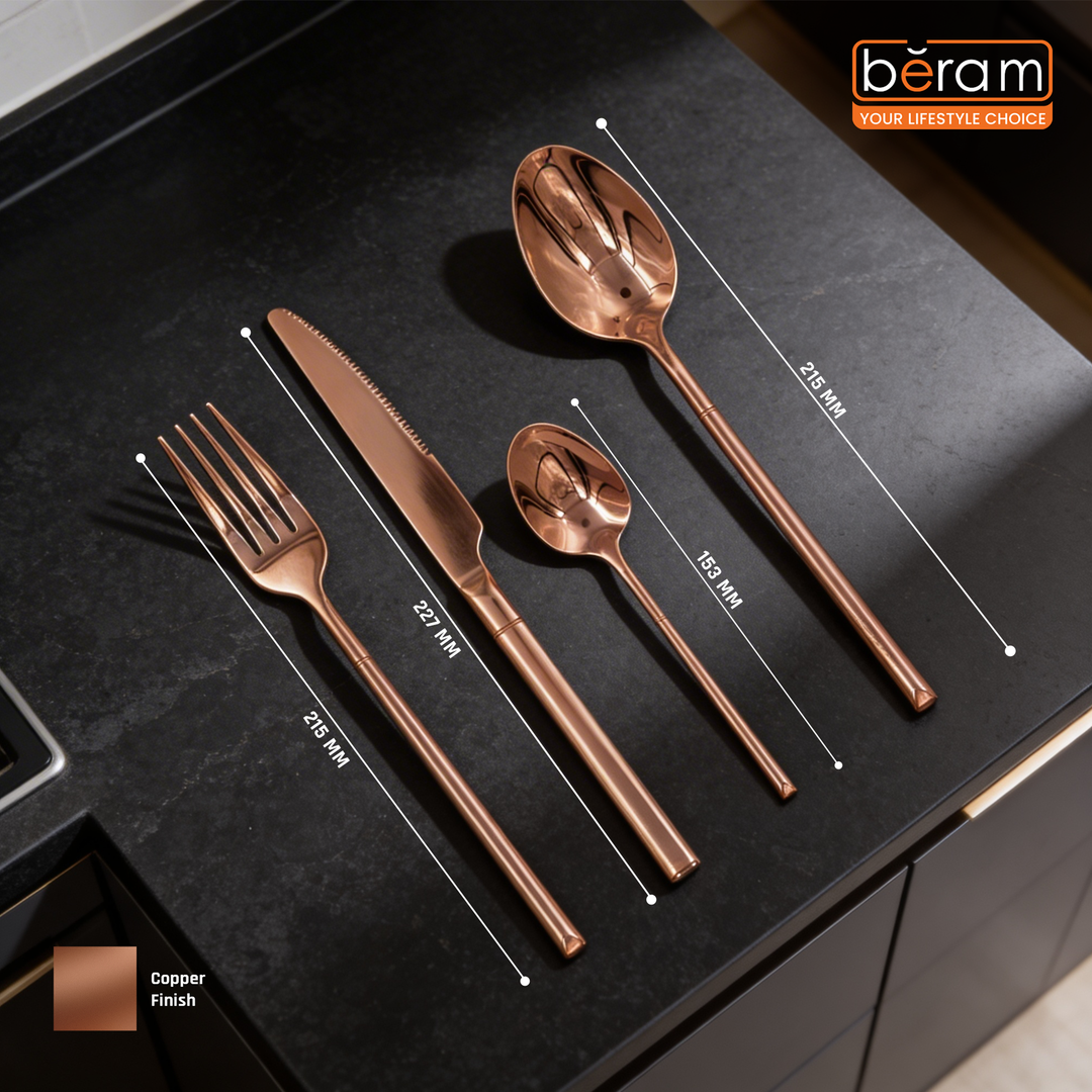BERAM Copper Craft Cutlery Set 18/10 Stainless Steel Flatware Elegant Copper Finish Tableware for Home, Restaurants & Hotels Premium Dining Utensils for One Setting