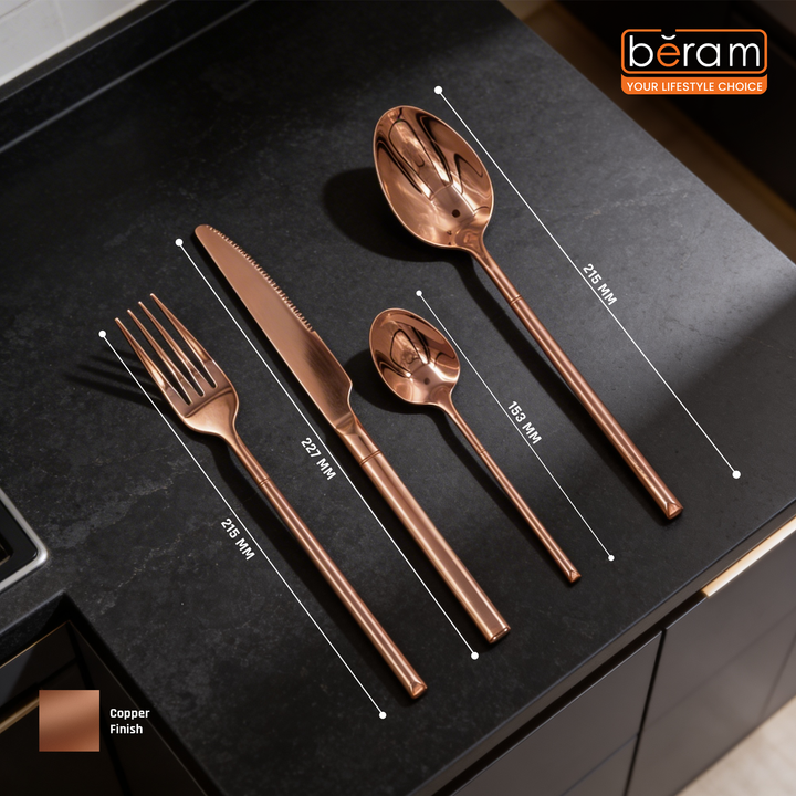 BERAM Copper Craft Cutlery Set 18/10 Stainless Steel Flatware Elegant Copper Finish Tableware for Home, Restaurants & Hotels Premium Dining Utensils for One Setting