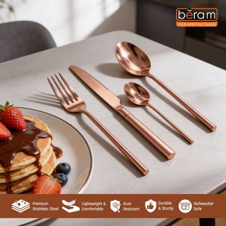 BERAM Copper Craft Cutlery Set 18/10 Stainless Steel Flatware Elegant Copper Finish Tableware for Home, Restaurants & Hotels Premium Dining Utensils for One Setting