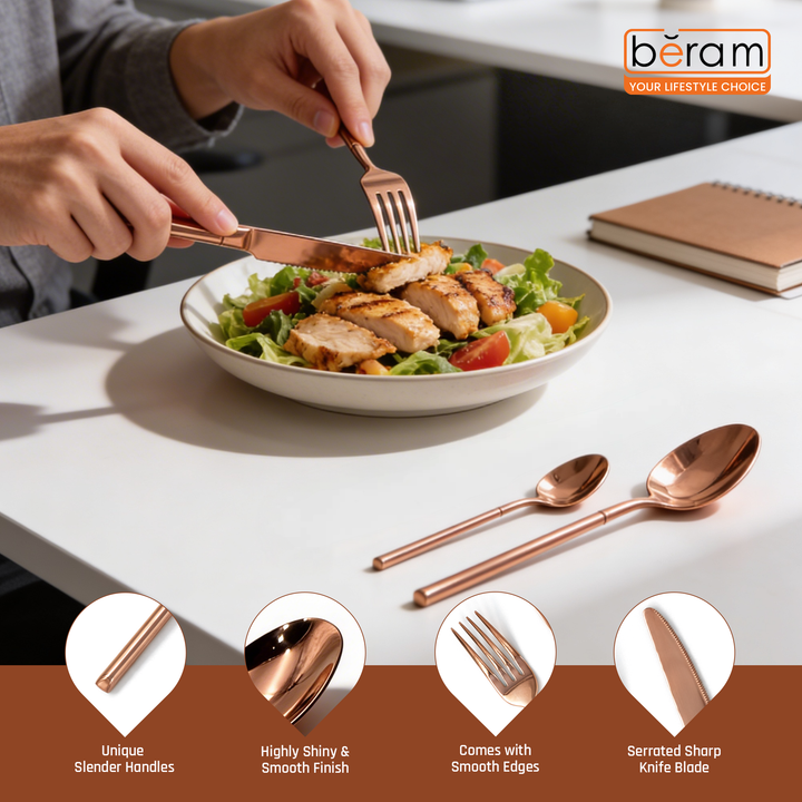 BERAM Copper Craft Cutlery Set 18/10 Stainless Steel Flatware Elegant Copper Finish Tableware for Home, Restaurants & Hotels Premium Dining Utensils for One Setting