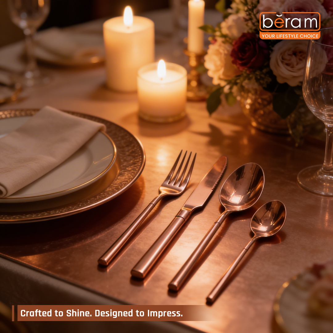 BERAM Copper Craft Cutlery Set 18/10 Stainless Steel Flatware Elegant Copper Finish Tableware for Home, Restaurants & Hotels Premium Dining Utensils for One Setting