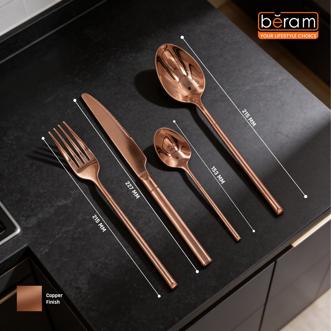 BERAM Copper Craft Cutlery Set 18/10 Stainless Steel Flatware Elegant Copper Finish Tableware for Home, Restaurants & Hotels Premium Dining Utensils for One Setting