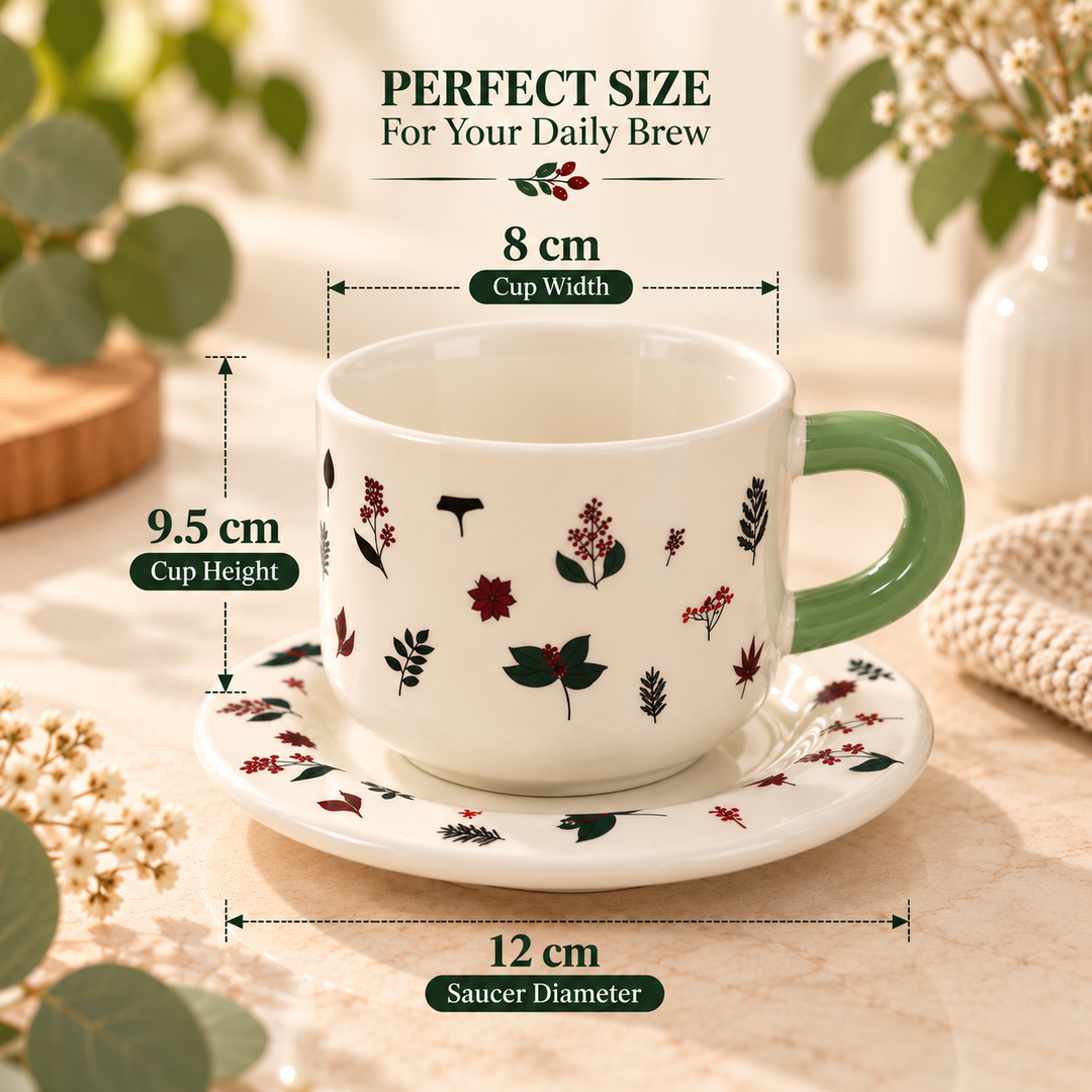 Ceramic Coffee Cup and Saucer Set, Tea Cup with Handle, Elegant White Porcelain Style Cup and Matching Saucer with Botanical Floral Design for Coffee, Tea, Cappuccino and Home Serving