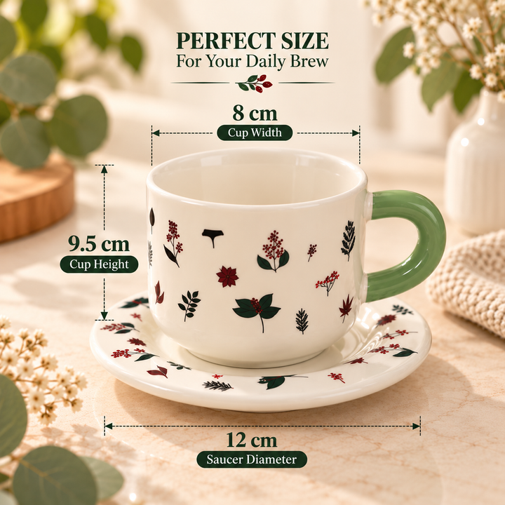 Ceramic Coffee Cup and Saucer Set, Tea Cup with Handle, Elegant White Porcelain Style Cup and Matching Saucer with Botanical Floral Design for Coffee, Tea, Cappuccino and Home Serving