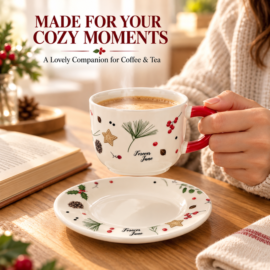 Ceramic Coffee Cup and Saucer Set, Tea Cup with Handle, Elegant White Porcelain Style Cup and Matching Saucer with Botanical Floral Design for Coffee, Tea, Cappuccino and Home Serving