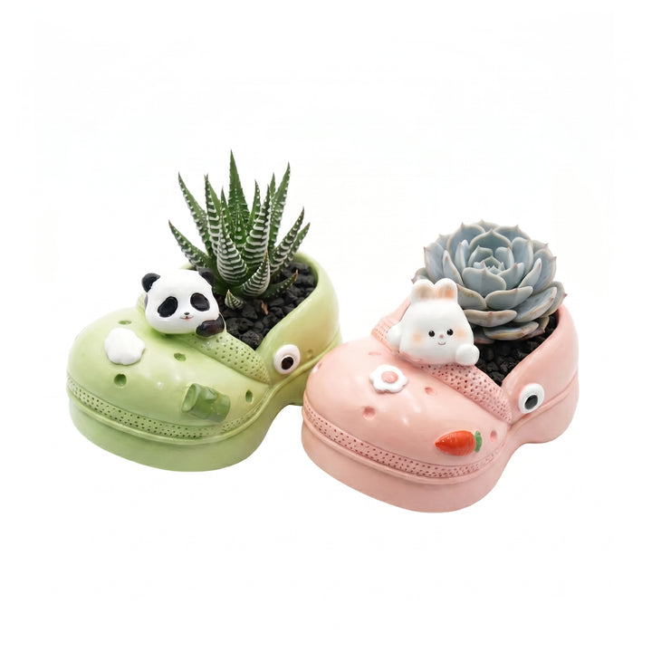 Crocs Shape Animal Flower Pot Set Pink Bunny and Green Panda Polyresin Cute Succulent Planters with Drainage Hole Indoor Outdoor Decorative Flower Pots Home Office Desk Decor Pen Pencil Holder Gift