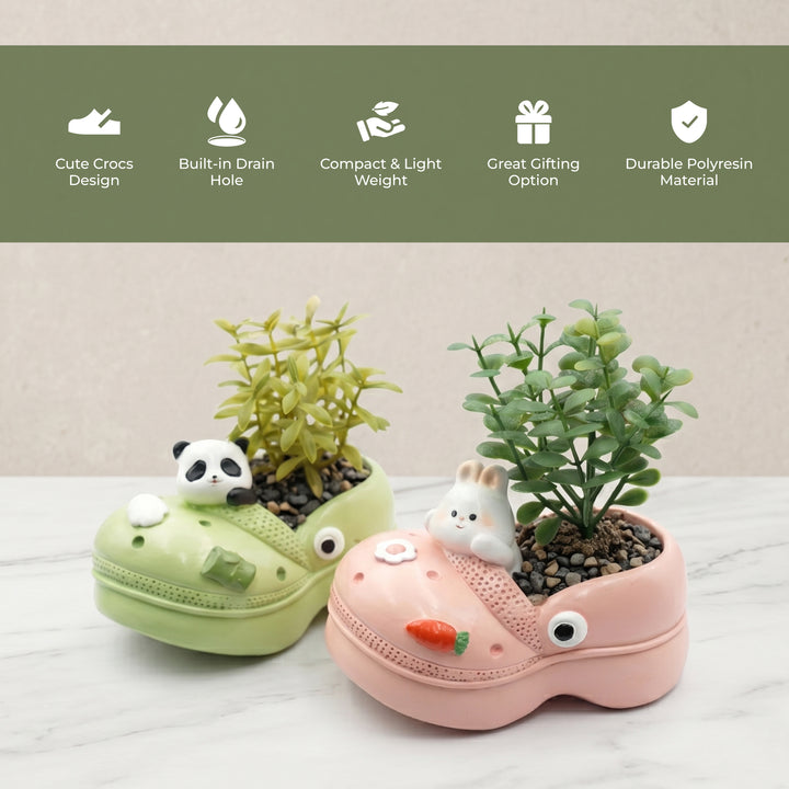 Crocs Shape Animal Flower Pot Set Pink Bunny and Green Panda Polyresin Cute Succulent Planters with Drainage Hole Indoor Outdoor Decorative Flower Pots Home Office Desk Decor Pen Pencil Holder Gift