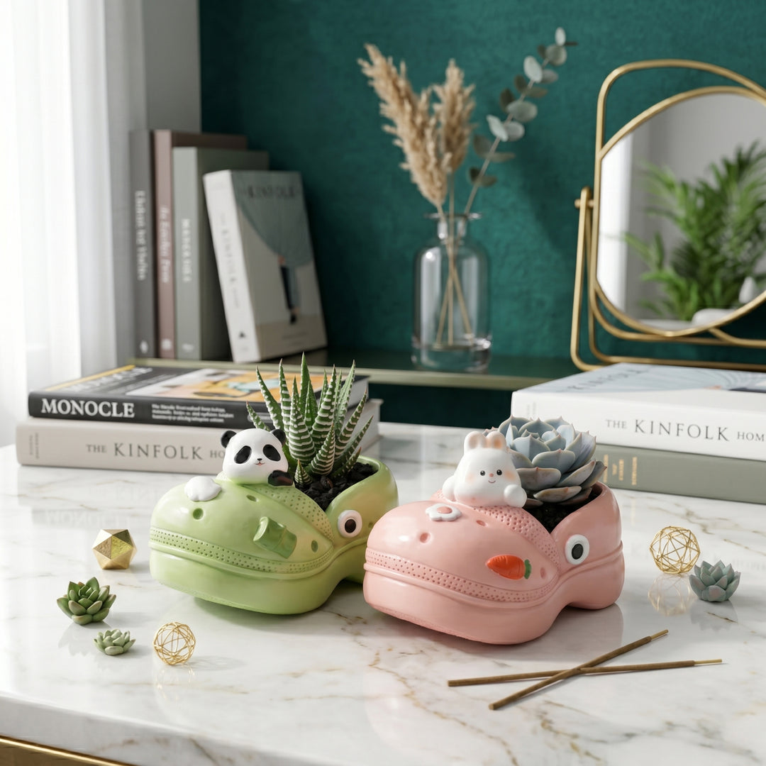 Crocs Shape Animal Flower Pot Set Pink Bunny and Green Panda Polyresin Cute Succulent Planters with Drainage Hole Indoor Outdoor Decorative Flower Pots Home Office Desk Decor Pen Pencil Holder Gift