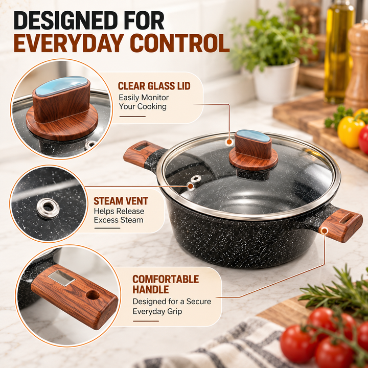 BMN 12 Piece Granite Cookware Set Non Stick Pots and Pans with Lids, Aluminium Casserole 20 24 28 cm, Deep Fry Pan 28 cm, Wok 34 cm, Induction Compatible Cooking Set