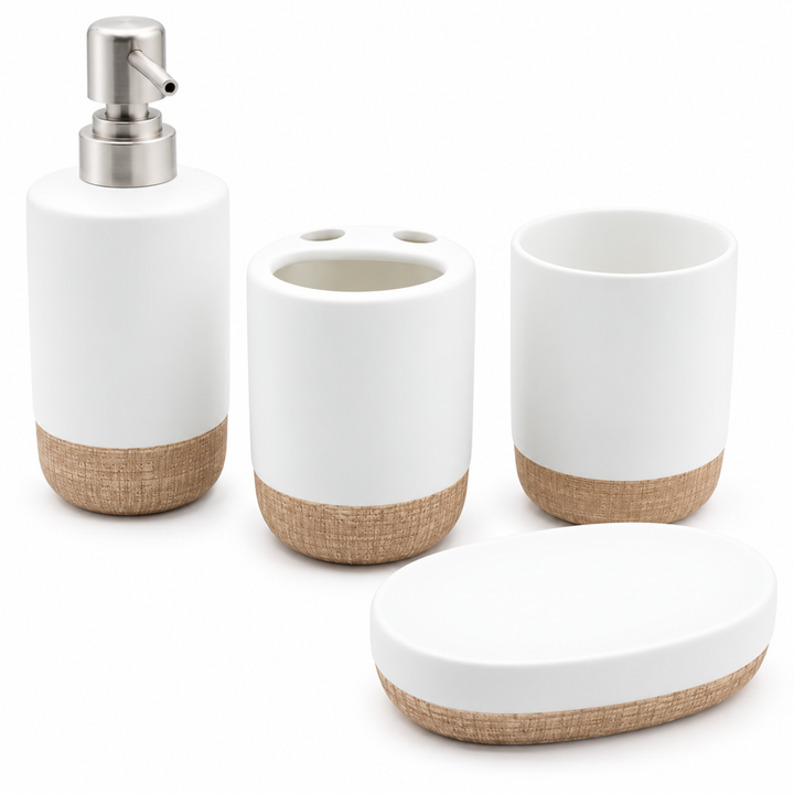 Beram Dispenser Plain Stripes 4 Piece Ceramic Bathroom & Kitchen Accessory Set Rustic Matte Finish with Soap Dispenser Tumbler Toothbrush Holder & Soap Dish Handmade (White and Brown) (4PCS Set)