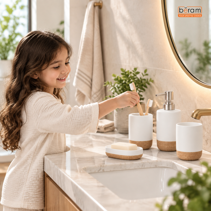Beram Dispenser Plain Stripes 4 Piece Ceramic Bathroom & Kitchen Accessory Set Rustic Matte Finish with Soap Dispenser Tumbler Toothbrush Holder & Soap Dish Handmade (White and Brown) (4PCS Set)