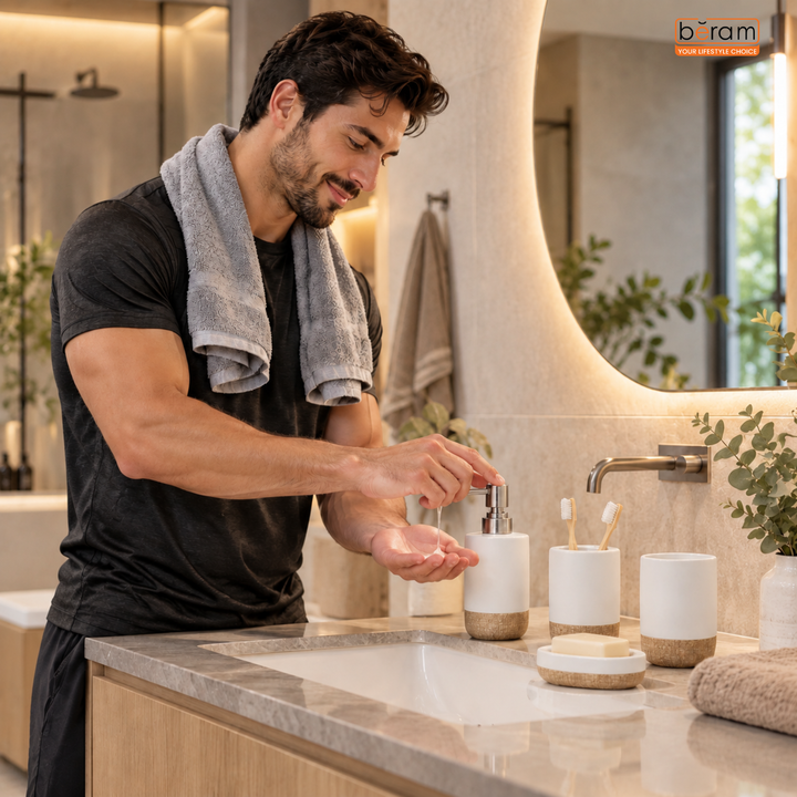 Beram Dispenser Plain Stripes 4 Piece Ceramic Bathroom & Kitchen Accessory Set Rustic Matte Finish with Soap Dispenser Tumbler Toothbrush Holder & Soap Dish Handmade (White and Brown) (4PCS Set)