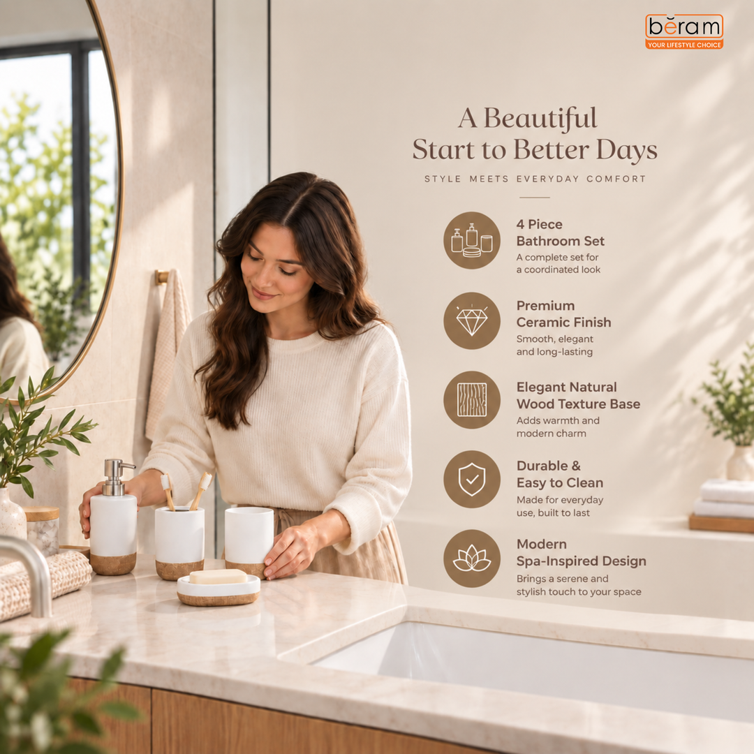 Beram Dispenser Plain Stripes 4 Piece Ceramic Bathroom & Kitchen Accessory Set Rustic Matte Finish with Soap Dispenser Tumbler Toothbrush Holder & Soap Dish Handmade (White and Brown) (4PCS Set)