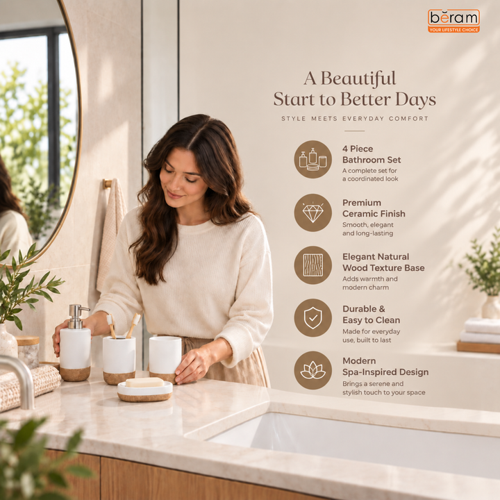 Beram Dispenser Plain Stripes 4 Piece Ceramic Bathroom & Kitchen Accessory Set Rustic Matte Finish with Soap Dispenser Tumbler Toothbrush Holder & Soap Dish Handmade (White and Brown) (4PCS Set)